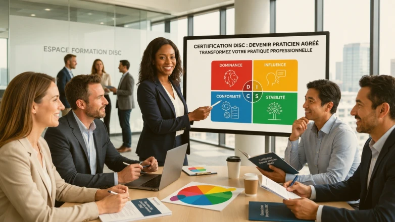 Formation de groupe à la certification DISC animée par une consultante devant un écran présentant les 4 profils comportementaux (Dominance, Influence, Stabilité, Conformité).